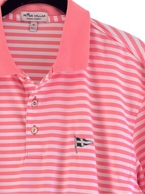 Peter Millar Summer Comfort Polo M Pink White Stripe Golf Shirt Flag Logo